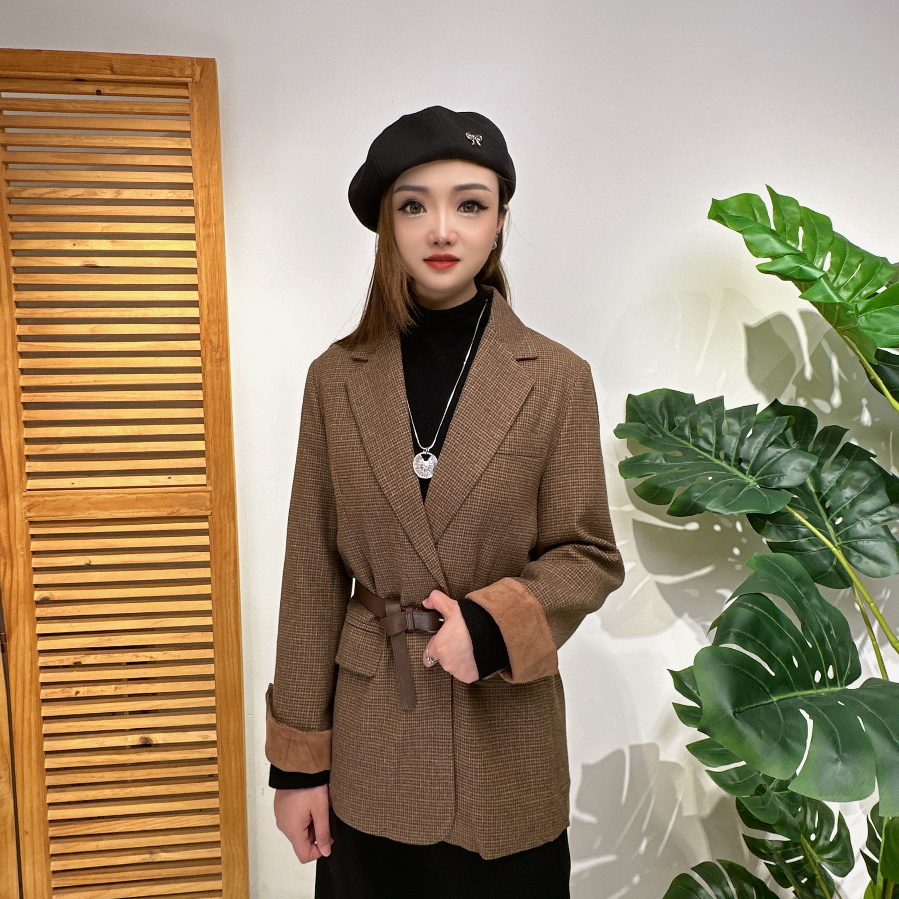 新款毛呢小西装韩版简约复古系带收腰宽松外套女夹棉衣服加厚外套