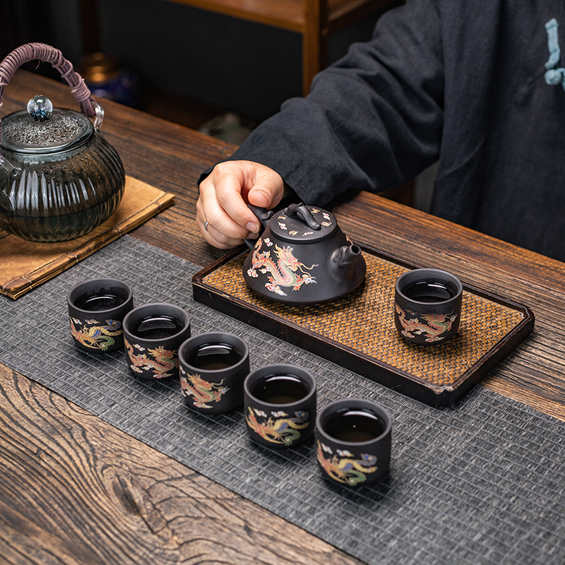 紫砂茶具套装遇热变色紫砂壶龙凤呈祥紫砂凤鸣壶纯半手工茶壶中式