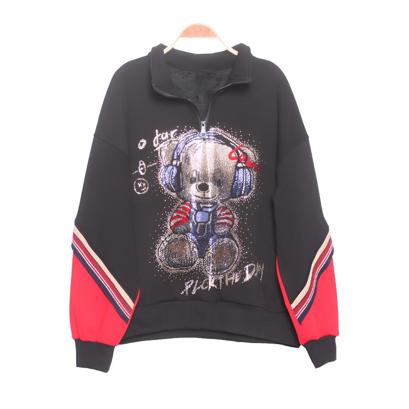 时尚卫衣加绒加厚重工烫钻拼接休闲拉链领大码宽松减龄显瘦上衣潮