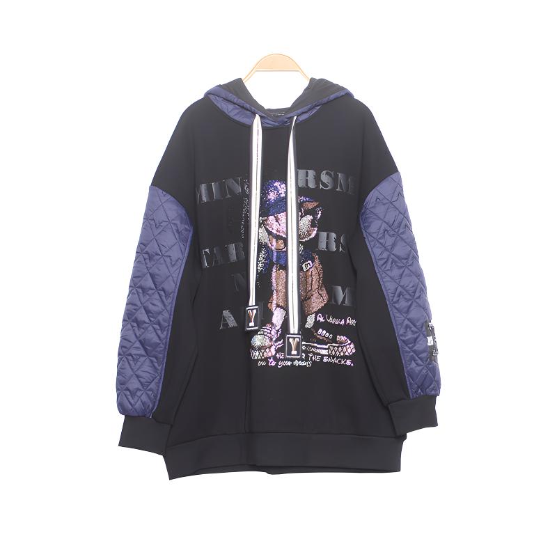 时尚卫衣加绒加厚重工卡通烫钻潮流拼接大码宽松显瘦减龄棉质上衣