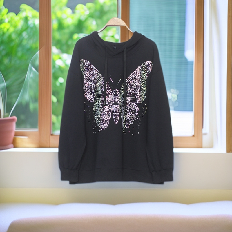 显瘦卫衣大码宽松减龄春秋新款爆款时尚蝴蝶烫钻休闲舒适连帽上衣