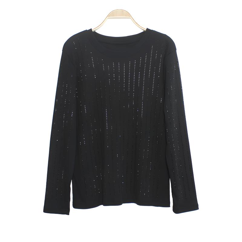 长袖圆领烫钻打底衫2025春装新款爆款 大码胖mm显瘦时尚棉质T恤潮