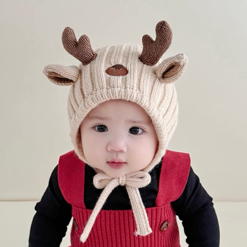 婴幼儿帽子秋冬季加厚保暖护耳毛线帽可爱鹿角造型