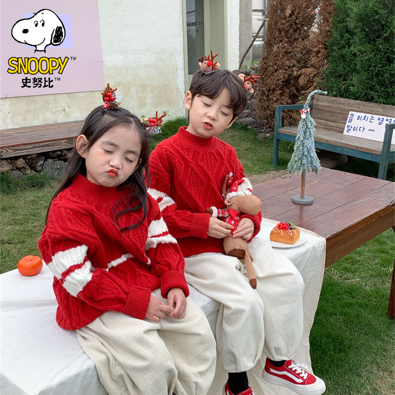 Snoopy/史努比红色韩版男女童毛衣儿童宝宝针织衫秋冬洋气套头潮