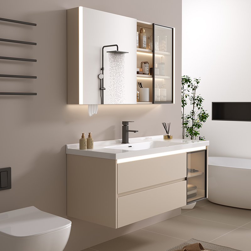 奶油风智能浴室柜陶瓷一体盆实木洗手盆洗脸池柜组合卫生间洗漱台