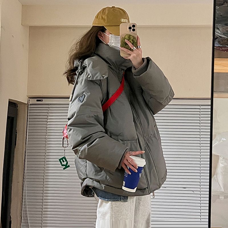 鸭鸭灰色爱心羽绒服女2023年新款男女情侣学生加厚面包服冬季外套