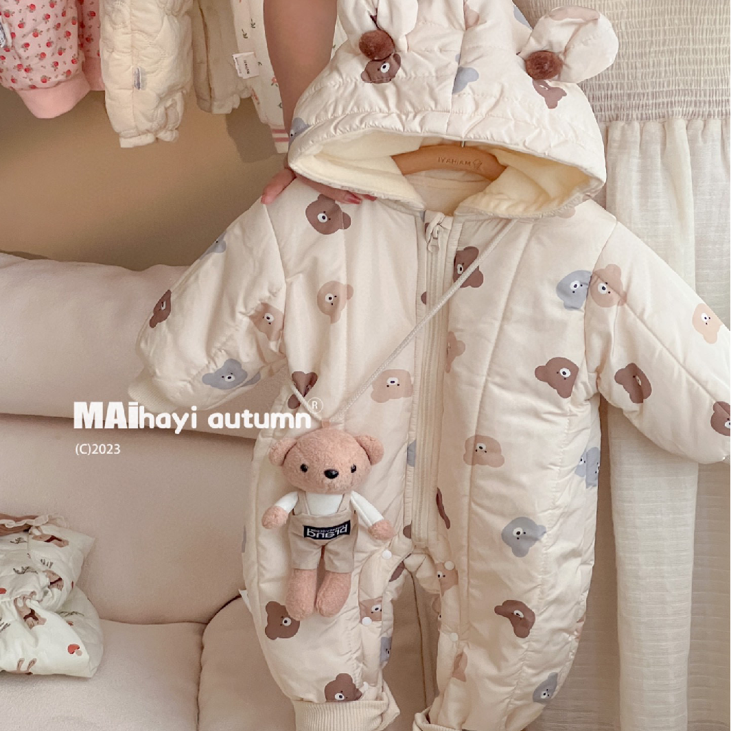 婴儿冬季连身衣新生男女宝宝冬季外出衣服加绒加厚哈衣爬服冬
