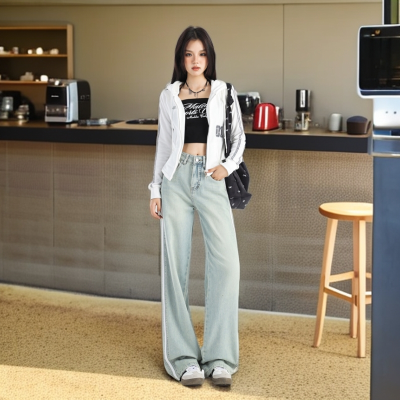 夏日高腰显瘦条纹阔腿裤女小个子百搭直筒拖地牛仔裤垂感休闲长裤