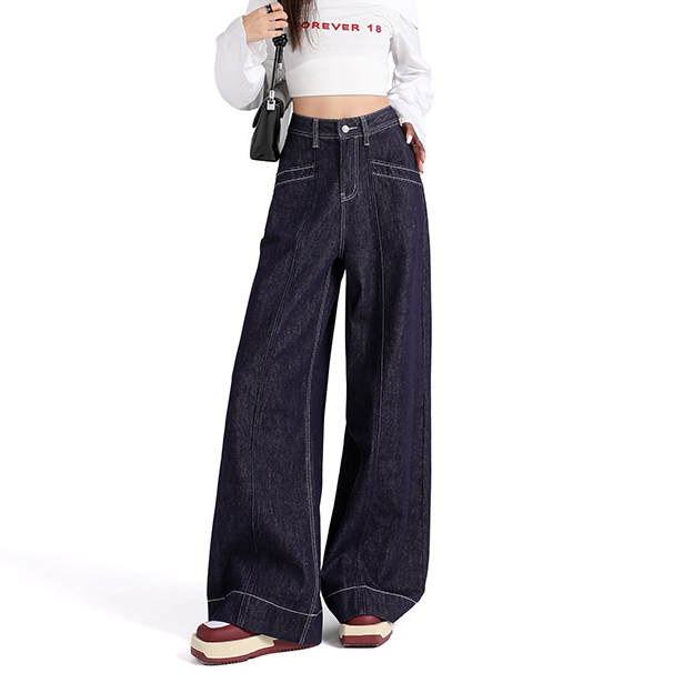 丹宁蓝高腰显瘦阔腿牛仔裤女2024年秋冬新款直筒宽松百搭拖地裤子