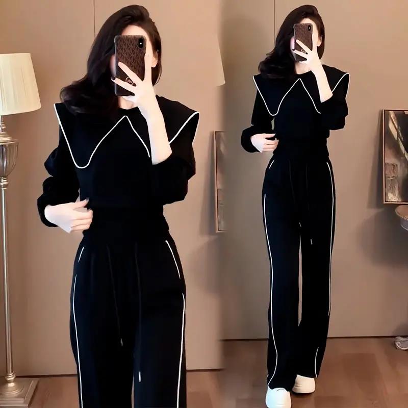 高级感披肩领卫衣运动套装女秋季新款黑色休闲时髦阔腿裤两件套潮