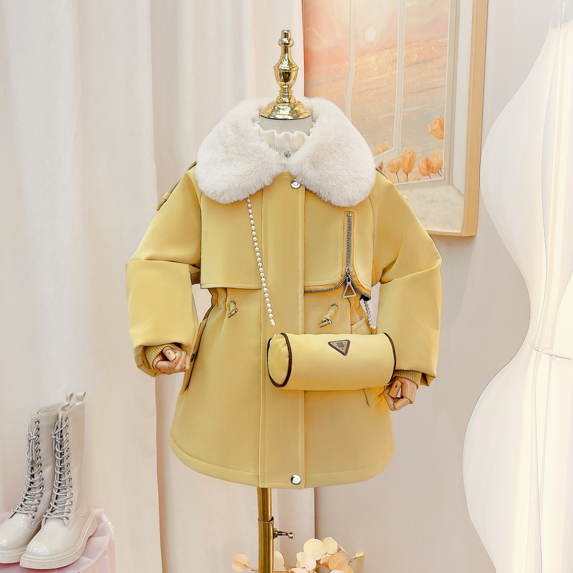 【铭佳童话】女童2023冬季新款时尚气质加绒加厚皮派克外套2023QC01