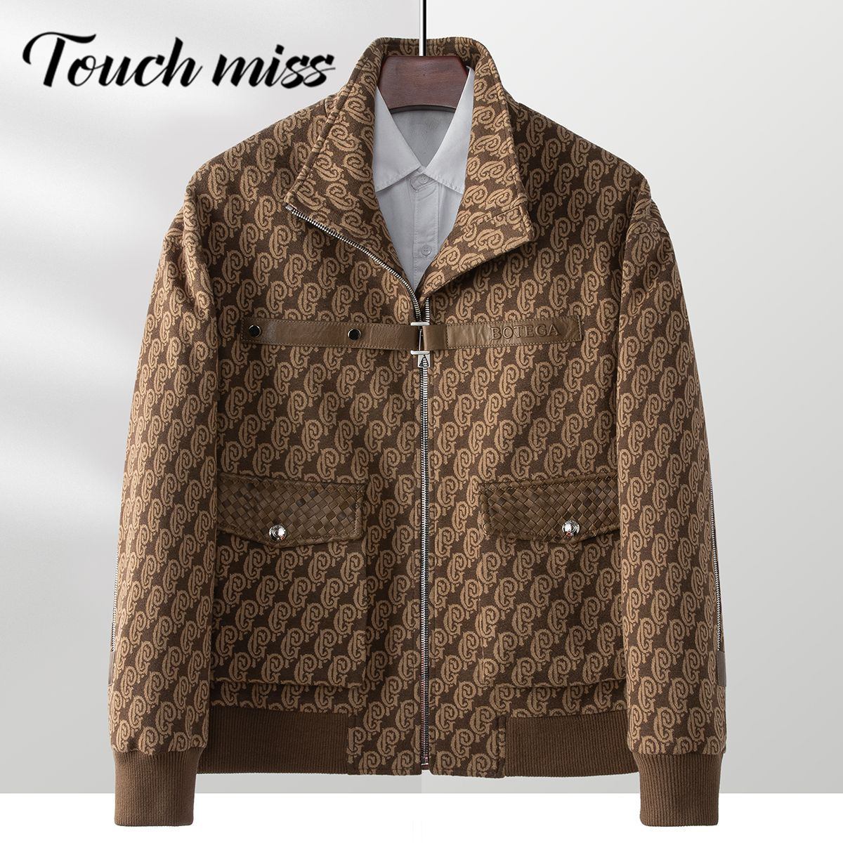 TOUCH MISS男士新品设计感羊绒夹克外套2024秋季潮牌满花立领上衣