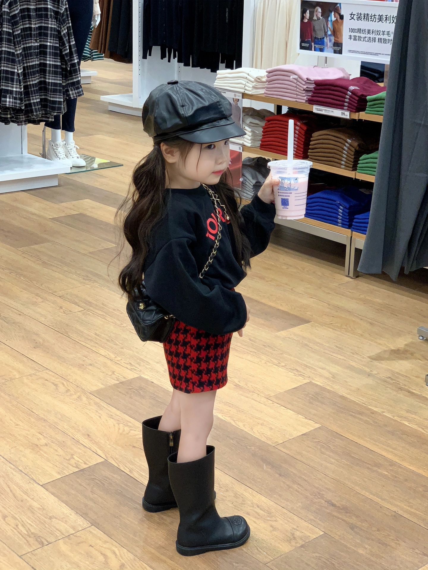 2023女童秋装时髦字母印花卫衣+复古千鸟格半身短裙套装分开拍