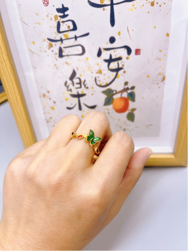 铜合金戒指 新中式复古烟雨梦蝶绿叶戒指蝴蝶活口指环