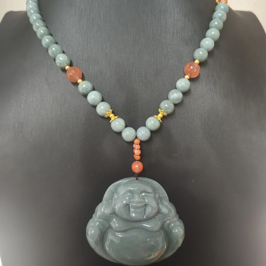 ［0077］天然翡翠蓝水精美肚佛挂件毛衣链