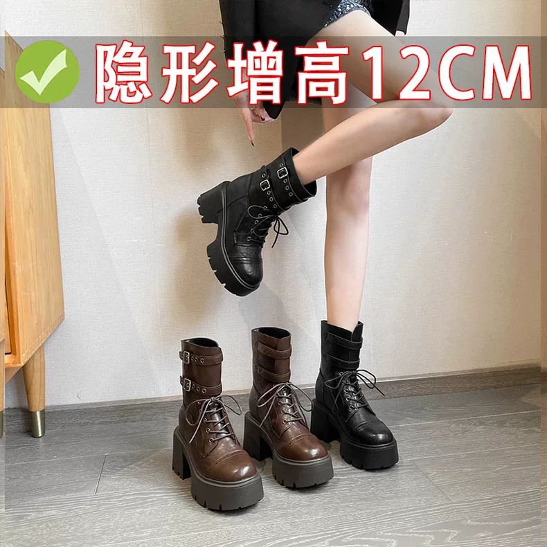 小个子内增高马丁靴皮带扣绑带女2024新款超高跟英伦风厚底机车靴