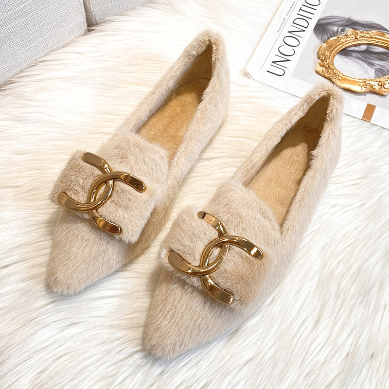 尖头毛毛鞋女冬外穿2023新款加绒单鞋貂毛豆豆鞋棉瓢鞋