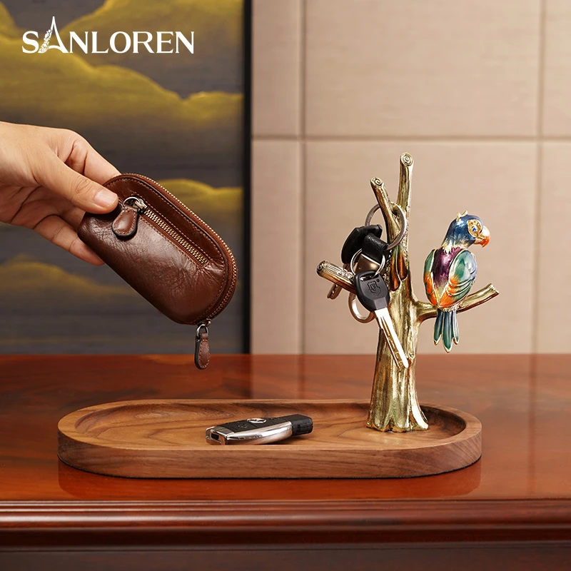 圣朗伦创意胡桃木入户钥匙收纳盘客厅茶几鞋柜玄关装饰置物盘摆件