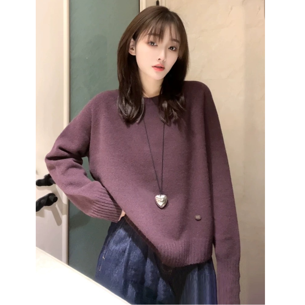 2140【下摆绣标长袖毛衣】针织女秋冬慵懒外穿圆领ins百搭毛衣