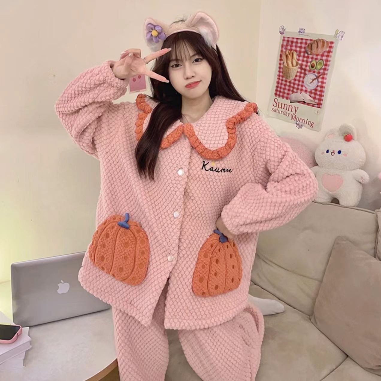 秋冬加厚加绒保暖休闲时尚女士睡衣女套装毛绒