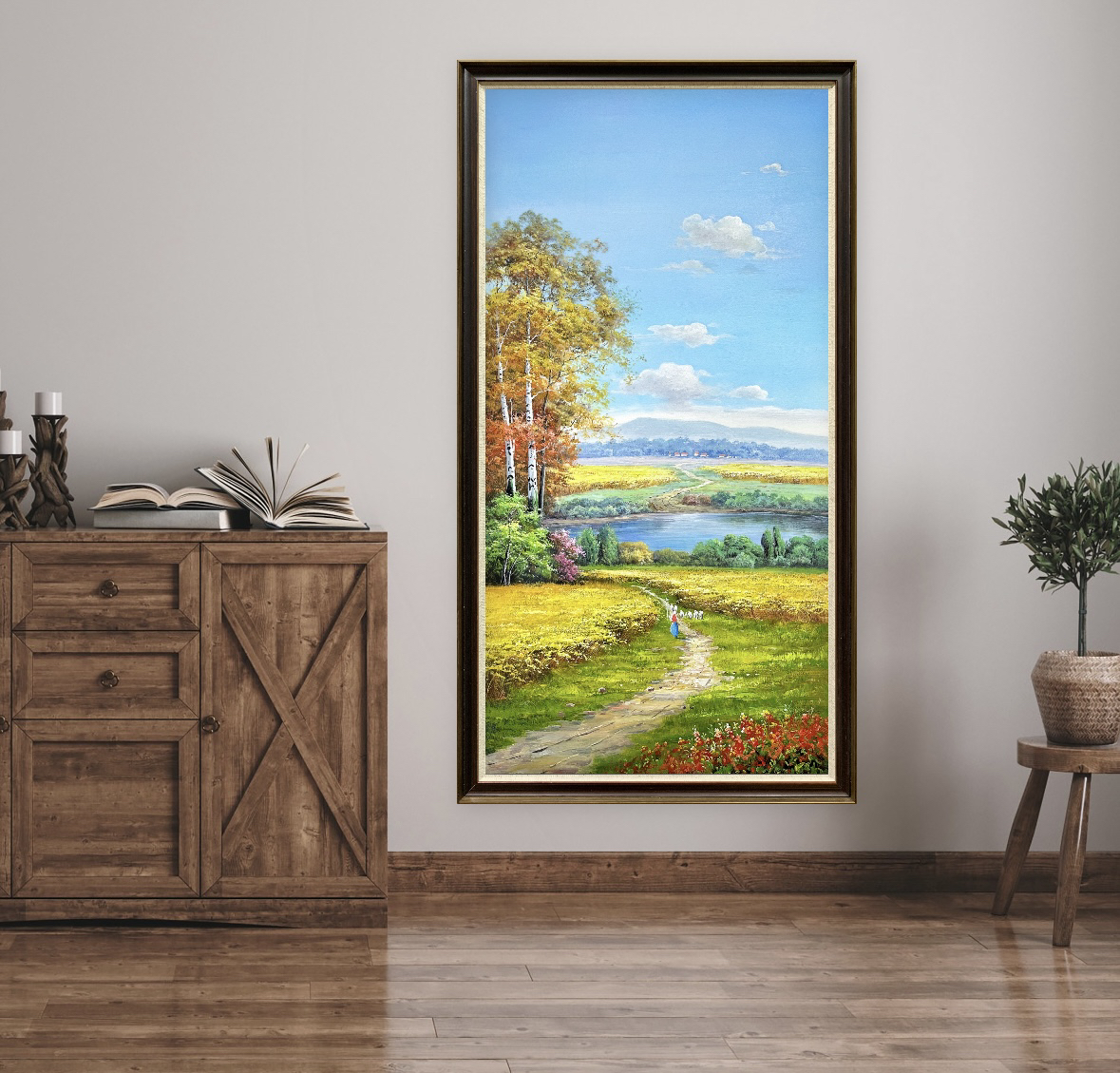 现代轻奢玄关装饰画田园风景挂画美式走廊过道壁画客厅竖版油画