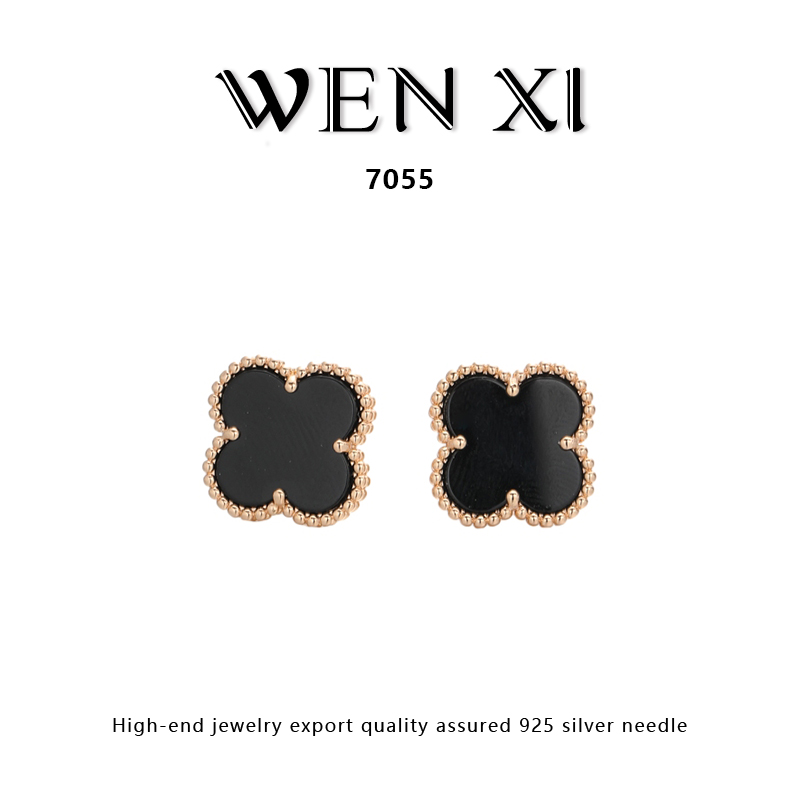 7055 黑玛瑙四叶草耳钉女个性时尚气质轻奢耳饰百搭