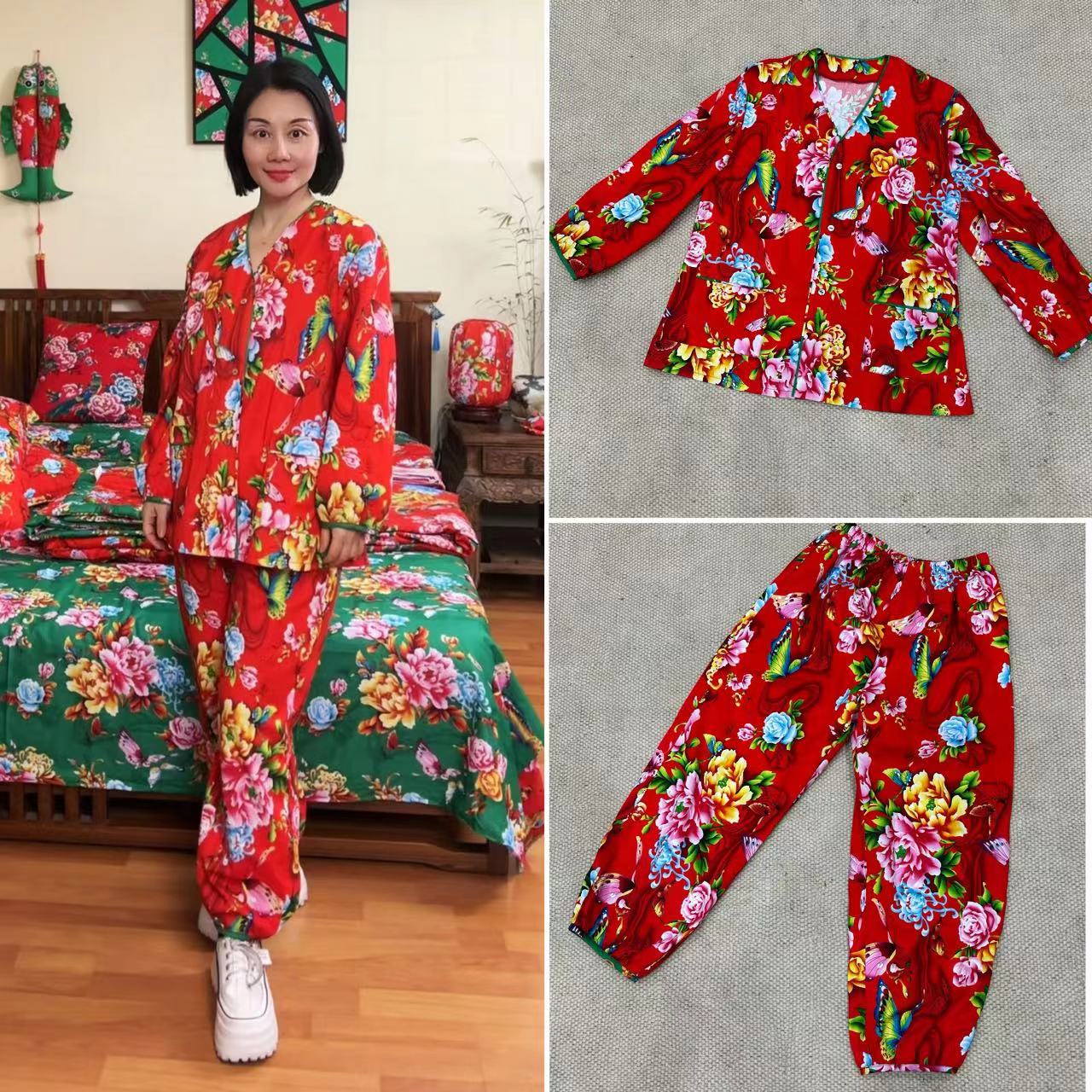 【土花花】新疆长绒棉红色蝶恋花居家服网红中式直播间睡衣女装中年