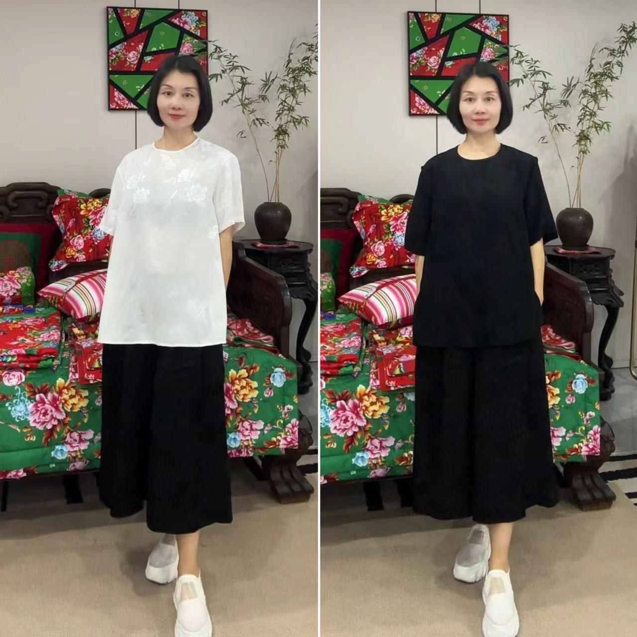 【蝶恋花】黑白人丝提花国潮简约显瘦宽松打底衫