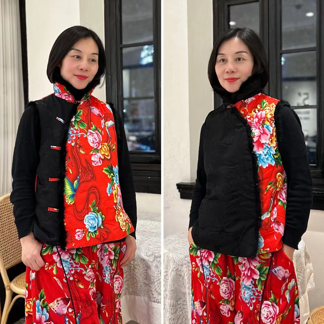 【蝶恋花】新中式夹棉斜襟拼接正反两穿东北大花布马甲