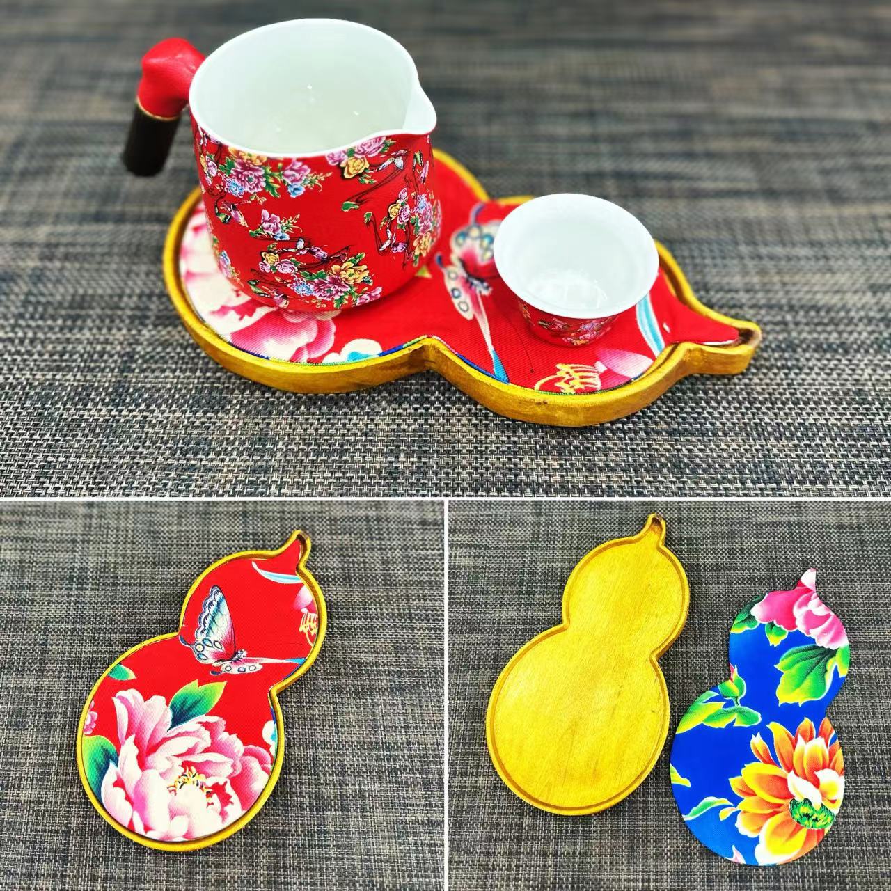 【土花花】非遗手作葫芦金丝楠木托配老料葫芦双面杯垫