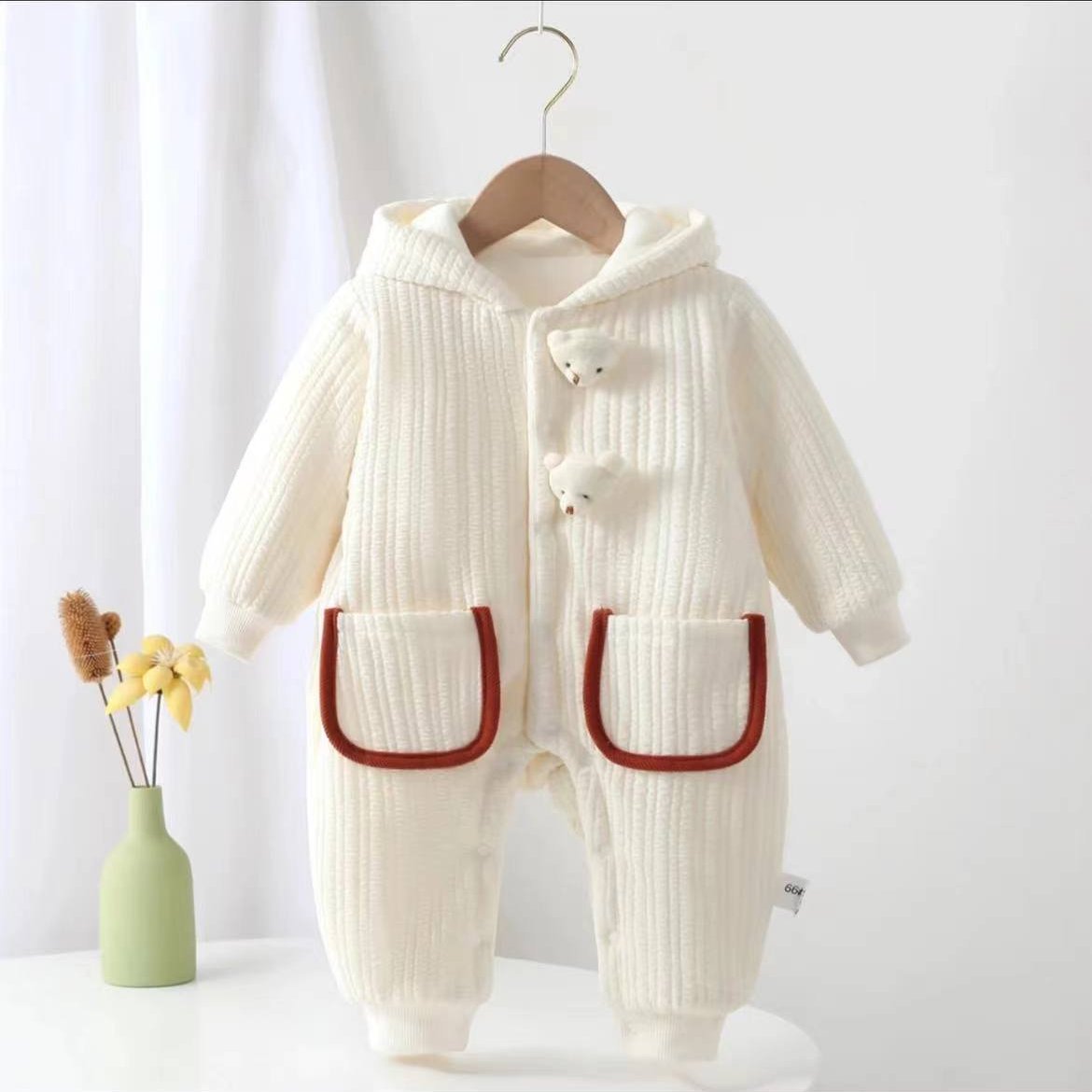 （加棉）冬季男女宝宝两只立体小熊连帽耳朵哈衣外出服爬爬服