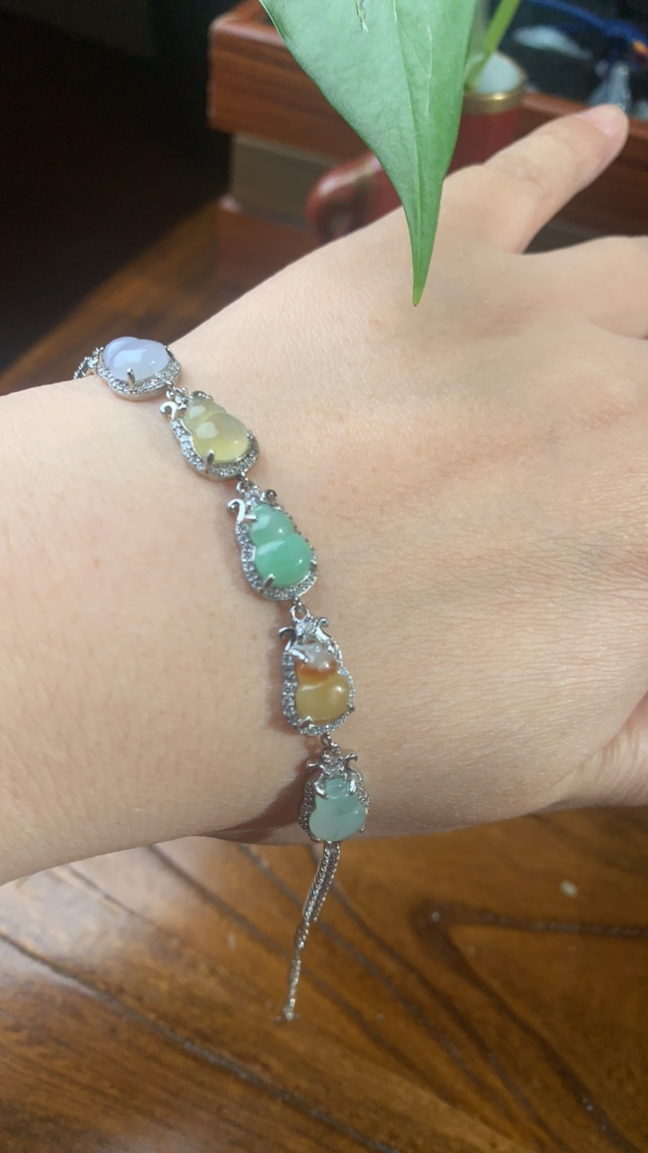 缅甸五彩葫芦翡翠S925银镶嵌手链气质百搭时尚简约精致