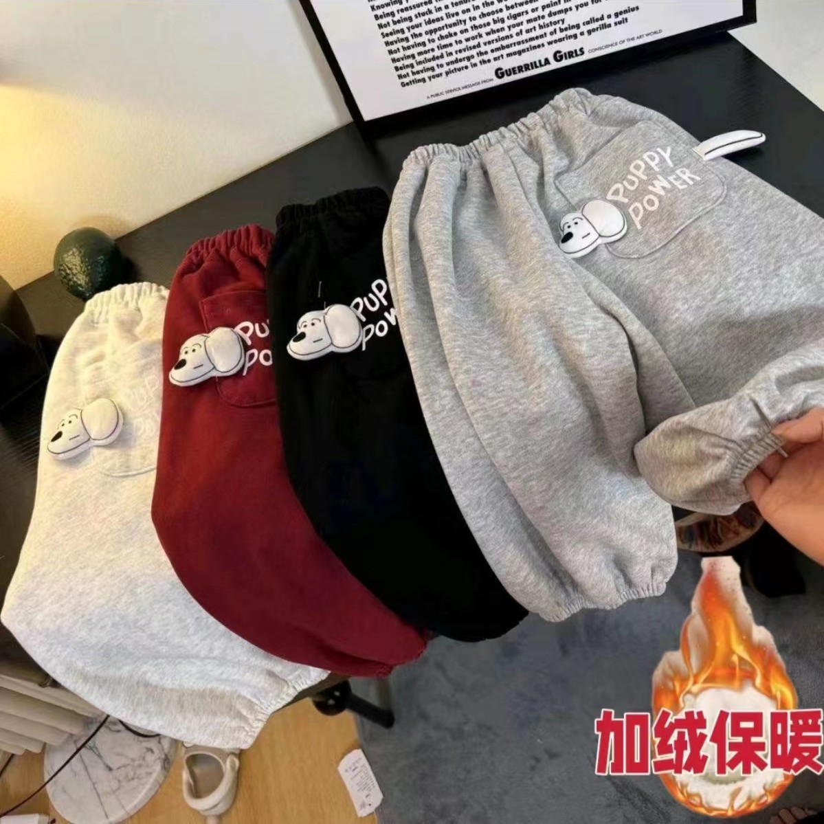 【萌宝】男女童冬季新款加绒可爱时尚小狗口袋卫裤洋气超萌休闲裤