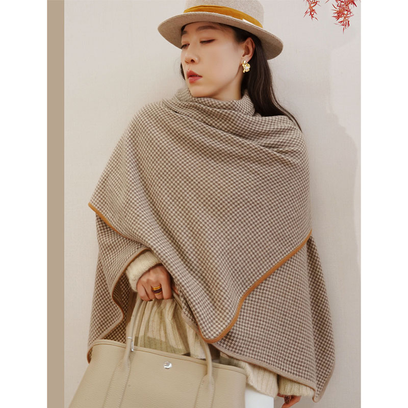 【伦敦晚秋】升级款羊绒大方巾 包边千鸟格提花山羊绒围巾 舒适保暖