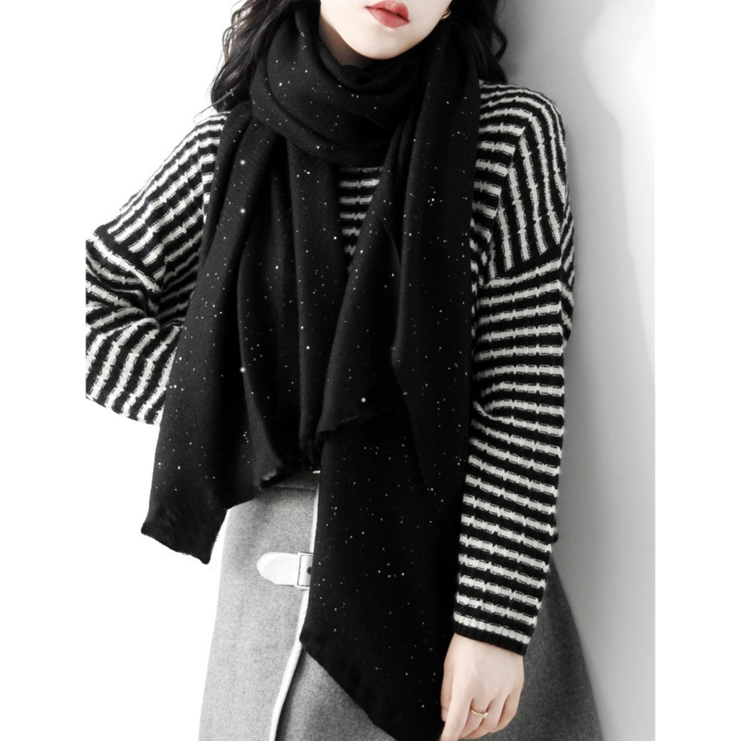 品质更优  针织厚款黑色星空围巾女冬季大披肩保暖围脖