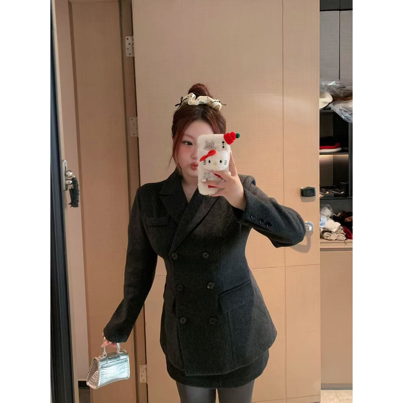 慧芝 huizhi 格雷小姐 定制款 灰色单面尼西装显瘦双排口套装