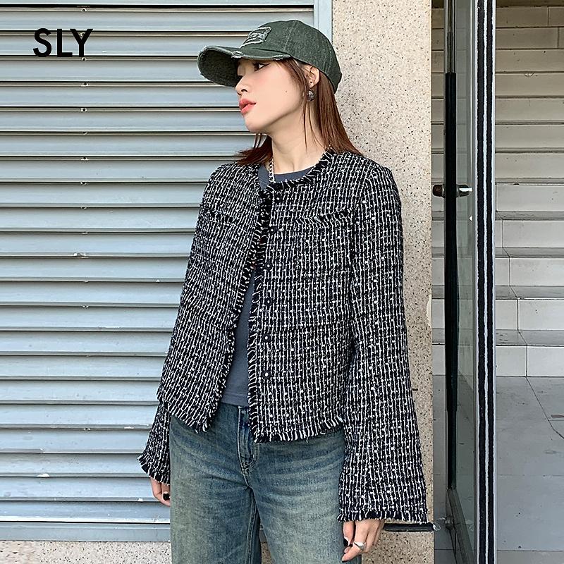 SLY 2025秋季新品千金马琳德毛边小香风短款外套女038HAM30-0181