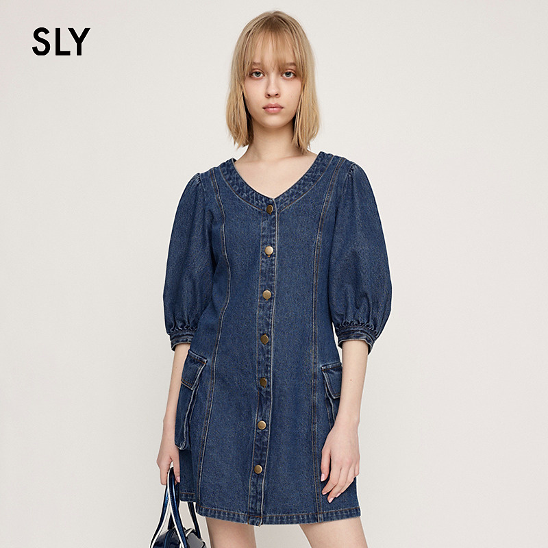 SLY 2025春季新品怀旧复古风泡泡袖牛仔裙连衣裙女030HSA33-3940