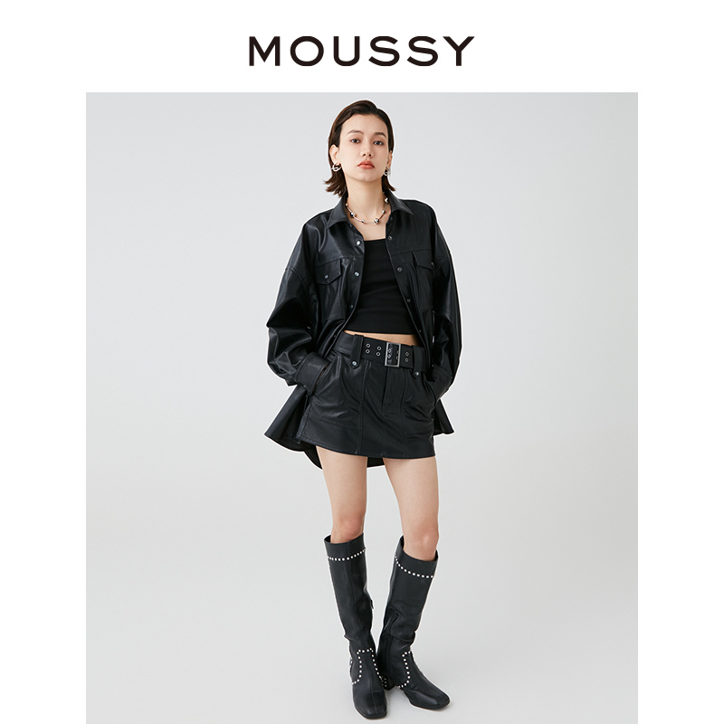 【明星同款】MOUSSY 2024新品街头风廓形皮衣外套女028HSZ30-0531