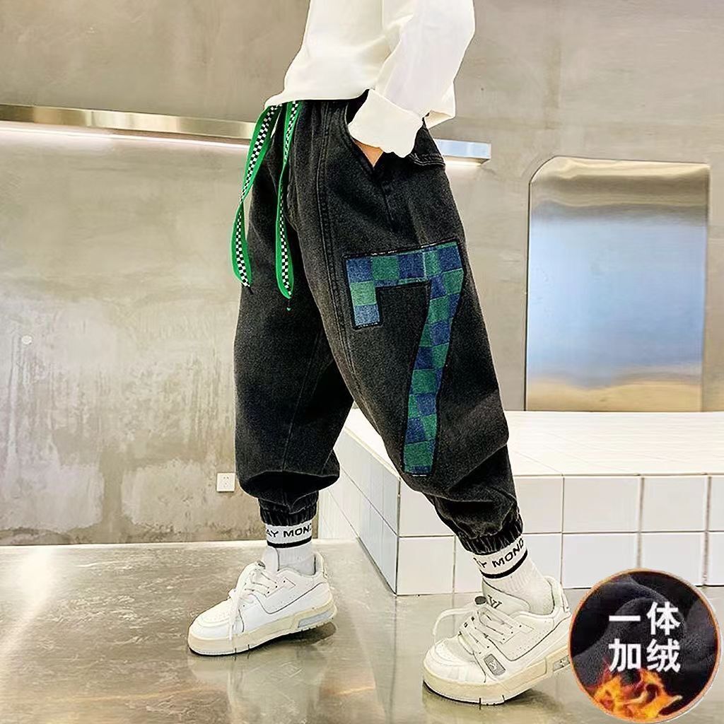 巴拉菈男童一体绒牛仔裤2023新款中大儿童冬季洋气时髦哈伦长裤Z