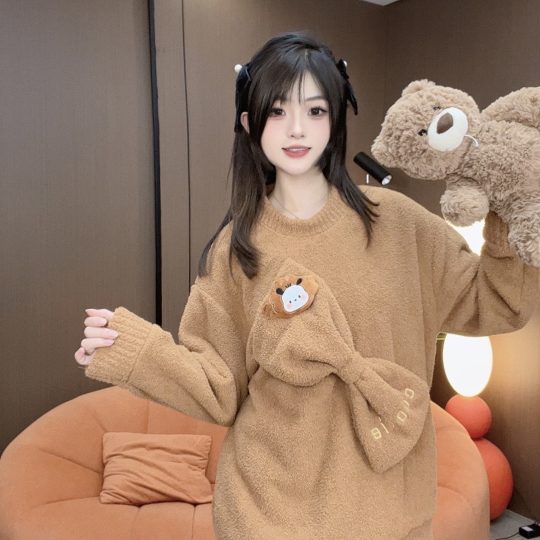 冬季新款时尚小熊蝴蝶结韩版慵懒风宽松圆领家居服套装