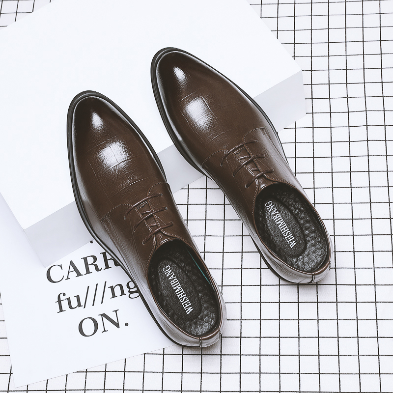 皮鞋男商务正装英伦尖头发型师大码真皮2023新款内增高西装婚礼鞋