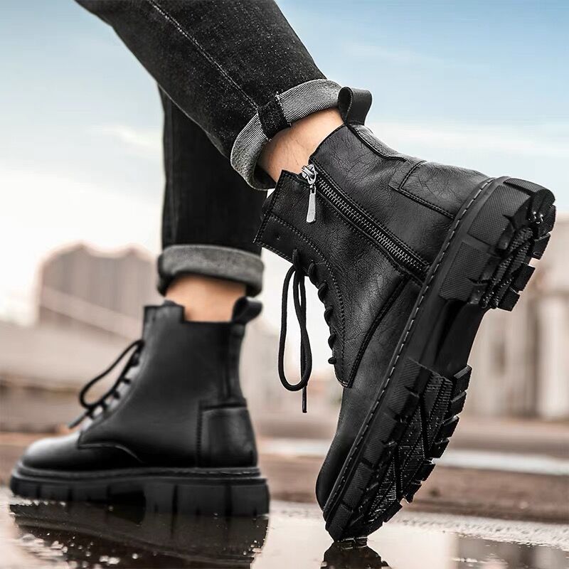 拉链马丁靴男高帮增高真皮2022新款英伦风秋冬季加绒大码工装潮鞋