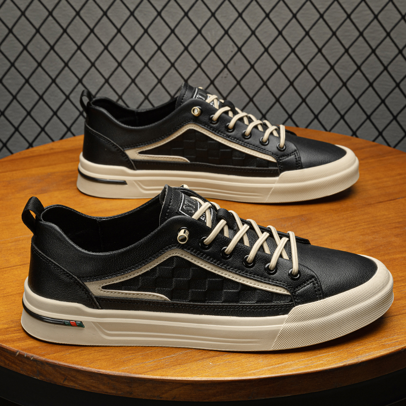 男鞋2023新款时尚百搭板鞋透气男士休闲皮鞋潮流青年学生潮鞋黑色