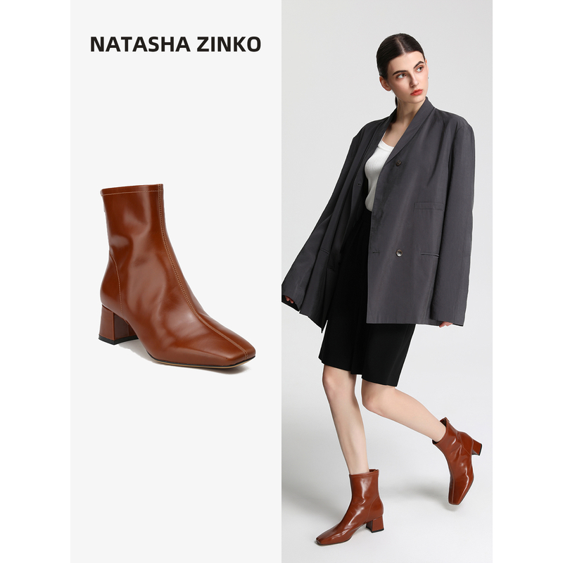 阳阳专属 Natasha Zinko方头瘦瘦靴女漆皮气质百搭中粗跟真皮短靴