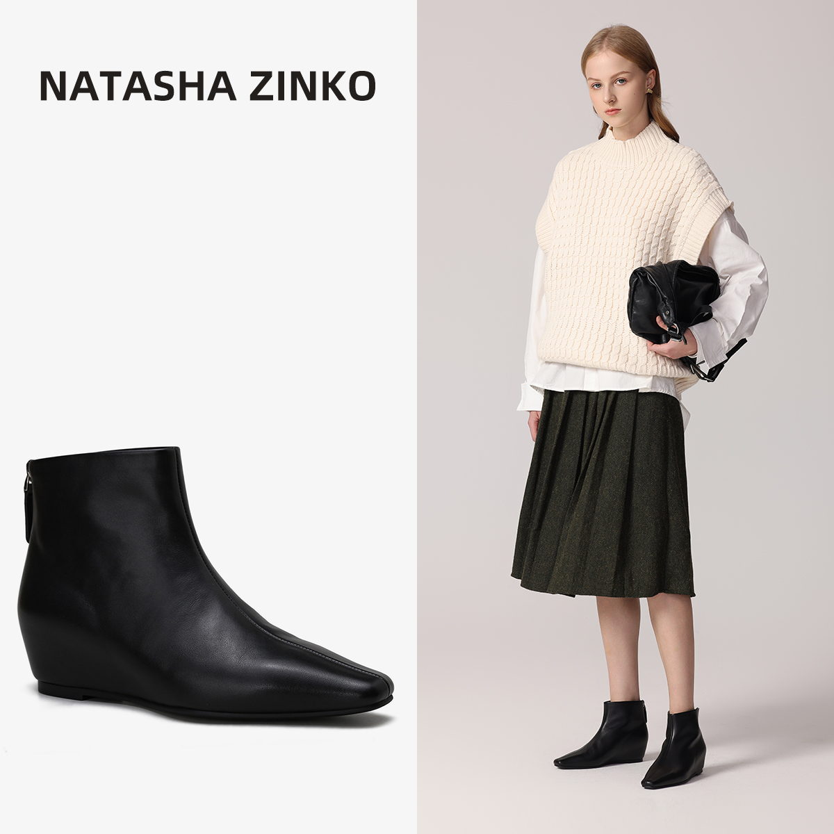 Natasha Zinko小方头坡跟内增高短靴女2024秋冬真皮后拉链瘦瘦靴