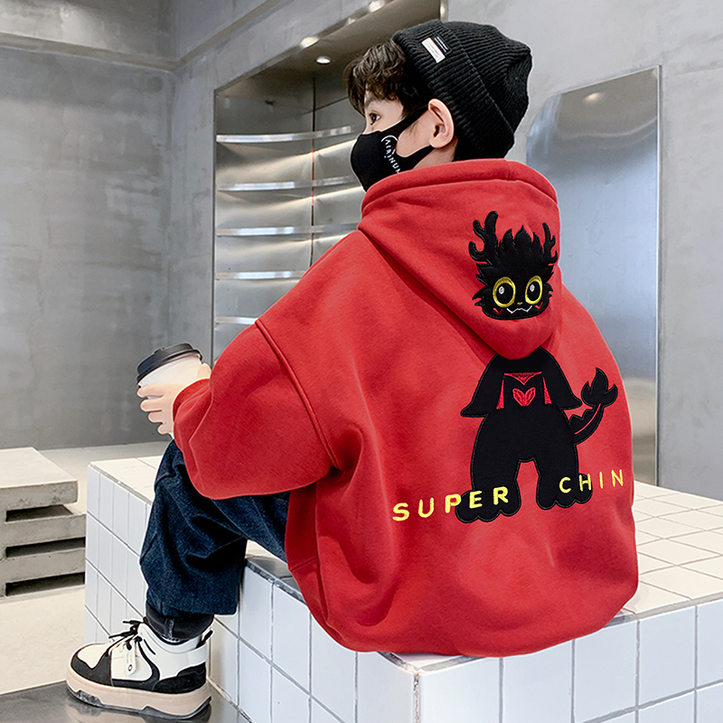 男童加绒加厚连帽卫衣红色冬季2023新款男孩打底衫儿童中大童洋气