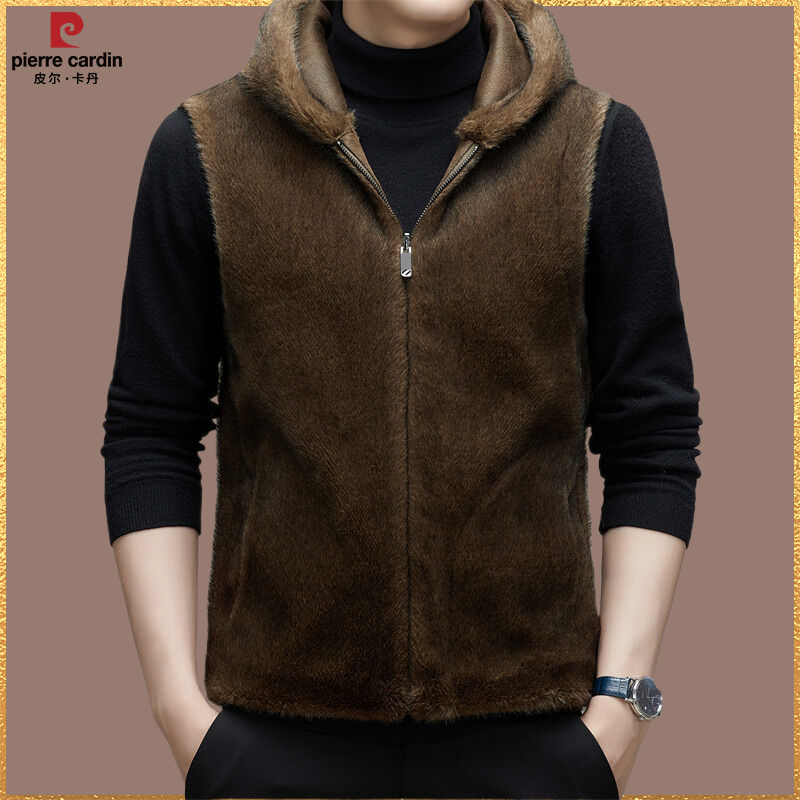 【皮尔卡丹】男士轻奢皮毛一体连帽马甲背心高档休闲双面穿秋冬保暖