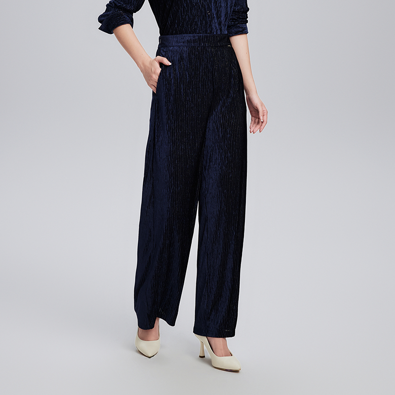 赢智尚春季新款中腰宽松大阔腿加长裤藏蓝色丝绒裤子女ZV02459