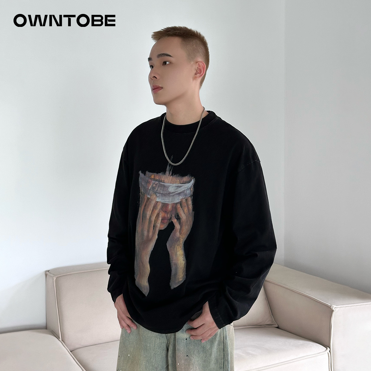 2024秋冬休闲美式潮牌圆领长袖T恤男高街重磅宽松落肩袖纯棉上衣